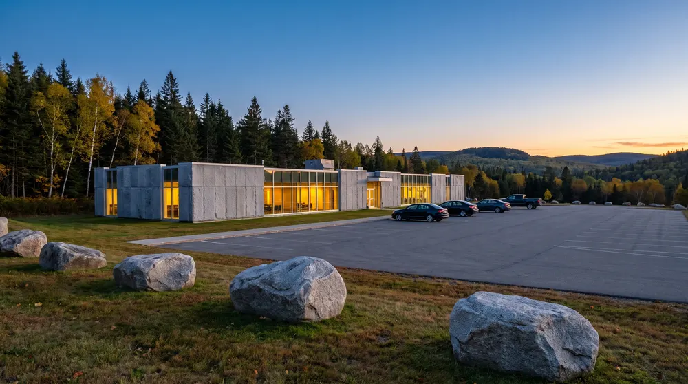 Illustration générée : un bâtiment bas de granit gris et de verre, éclairé au crépuscule, au bord d'une forêt d'épinettes et de bouleaux, avec des blocs de granit sur la pelouse ; ce n'est pas une photo du casino.